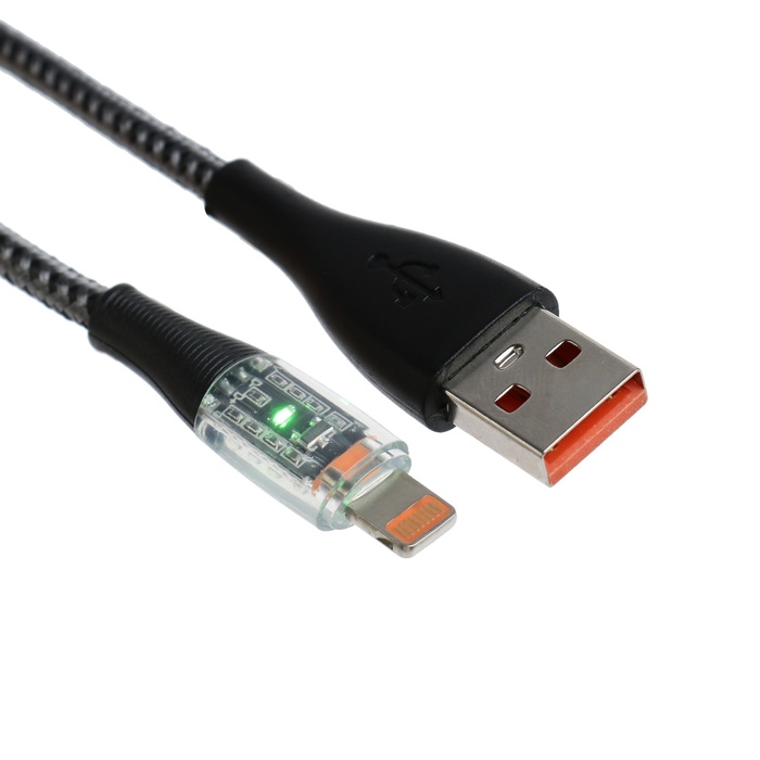 Кабель, 2 А, Lightning - USB, прозрачный, оплётка нейлон, 1 м, зелёный