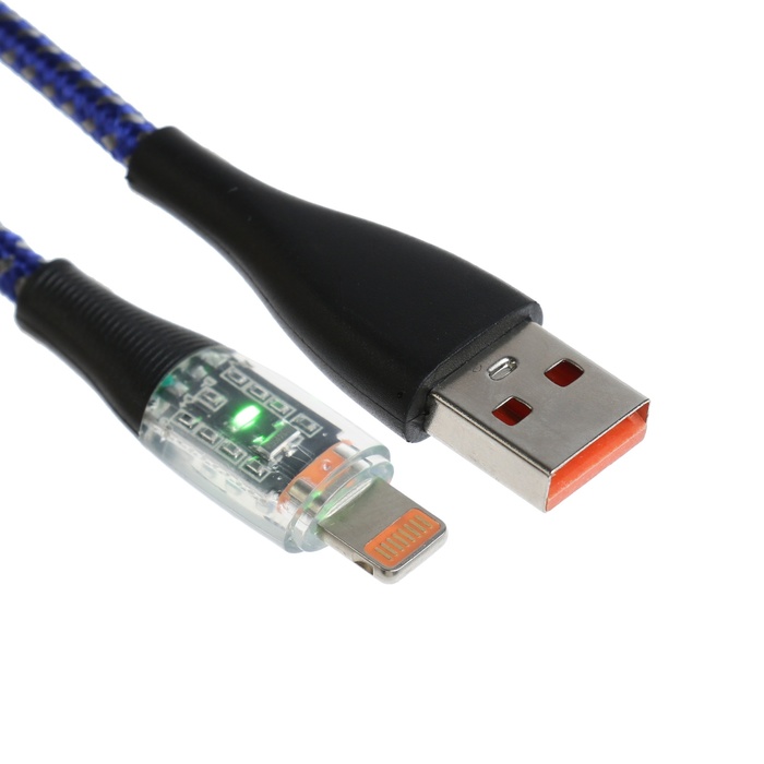 Кабель, 2 А, Lightning - USB, прозрачный, оплётка нейлон, 1 м, серый