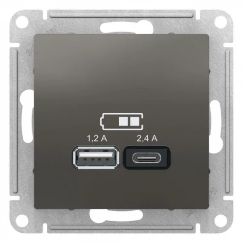 фото Механизм розетки usb atlasdesign a+с 5в/2.4а 2х5в/1.2а сталь sche atn000939 systeme electric