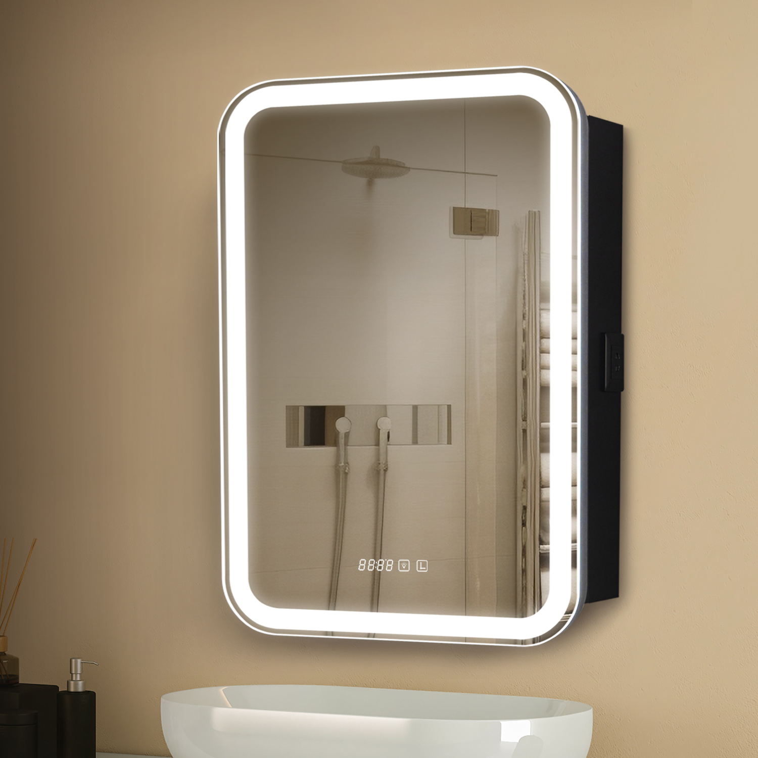 

Зеркало шкаф с подсветкой для ванной Silver Mirrors "Джерси-Black" 80х60 см, часы, правый, Черный