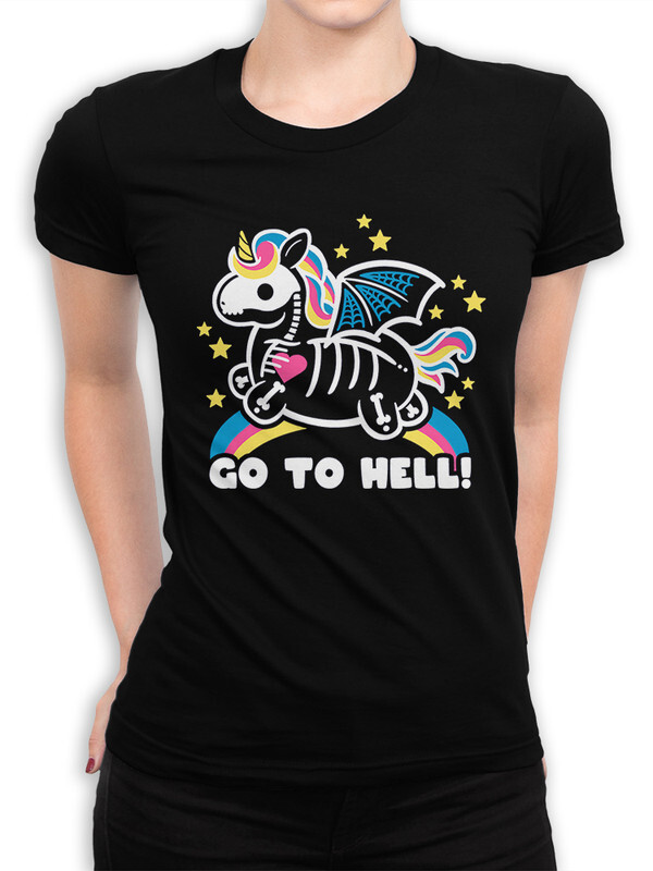 

Футболка женская Design Heroes Радужный единорог - Go to Hell черная S, Радужный единорог - Go to Hell