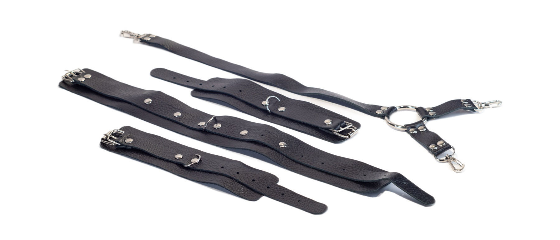фото Комплект kissexpo ошейник+наручники из натуральной кожи чёрные