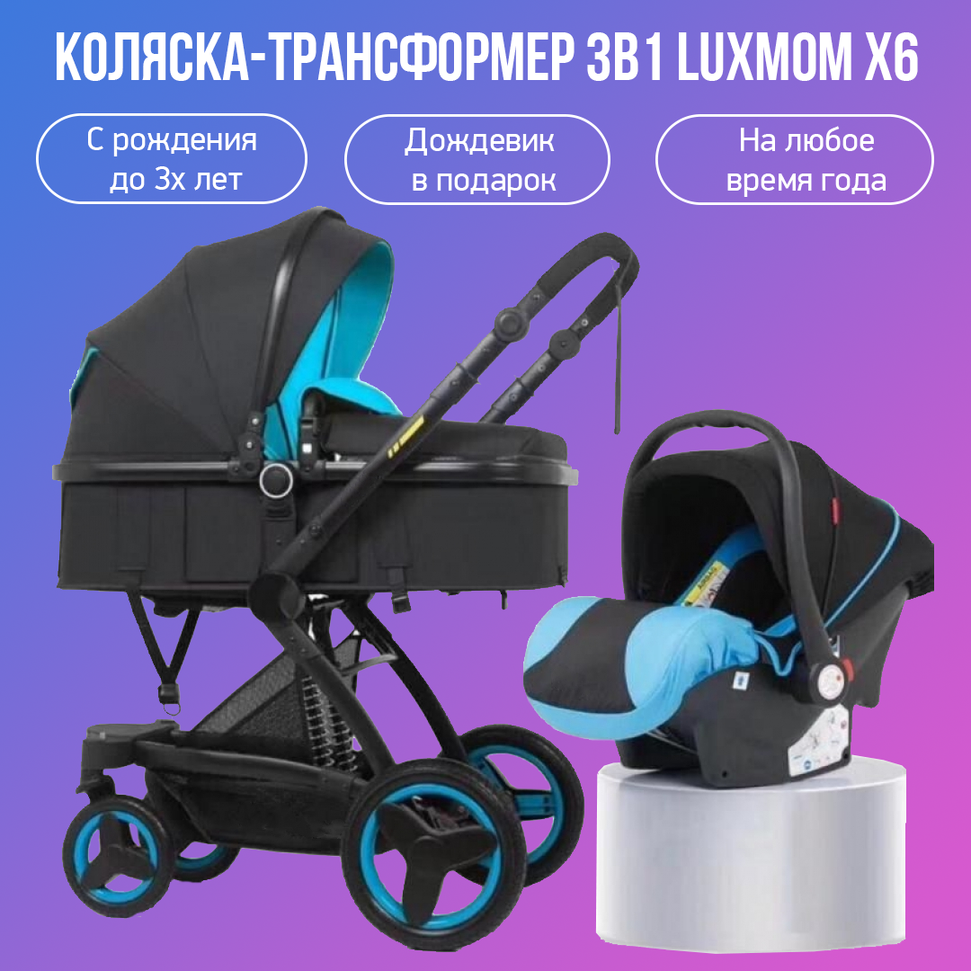 Детская коляска-трансформер 3 в 1 Luxmom X6, черно-синий эспандер кистевой fortius 70 кг темно синий