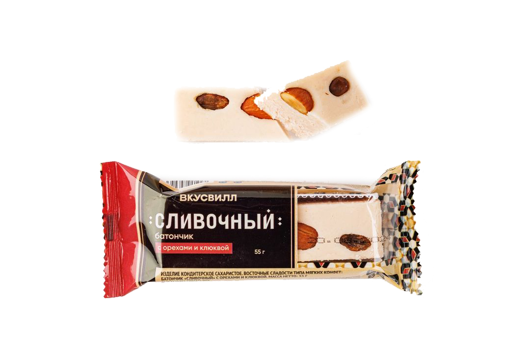 

Батончик ВкусВилл Сливочный с орехами и клюквой 55 г