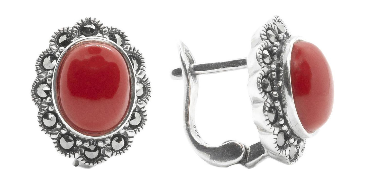 

Серьги из серебра с кораллом/марказитом Марказит HE725-korall-mr, HE725-korall-mr