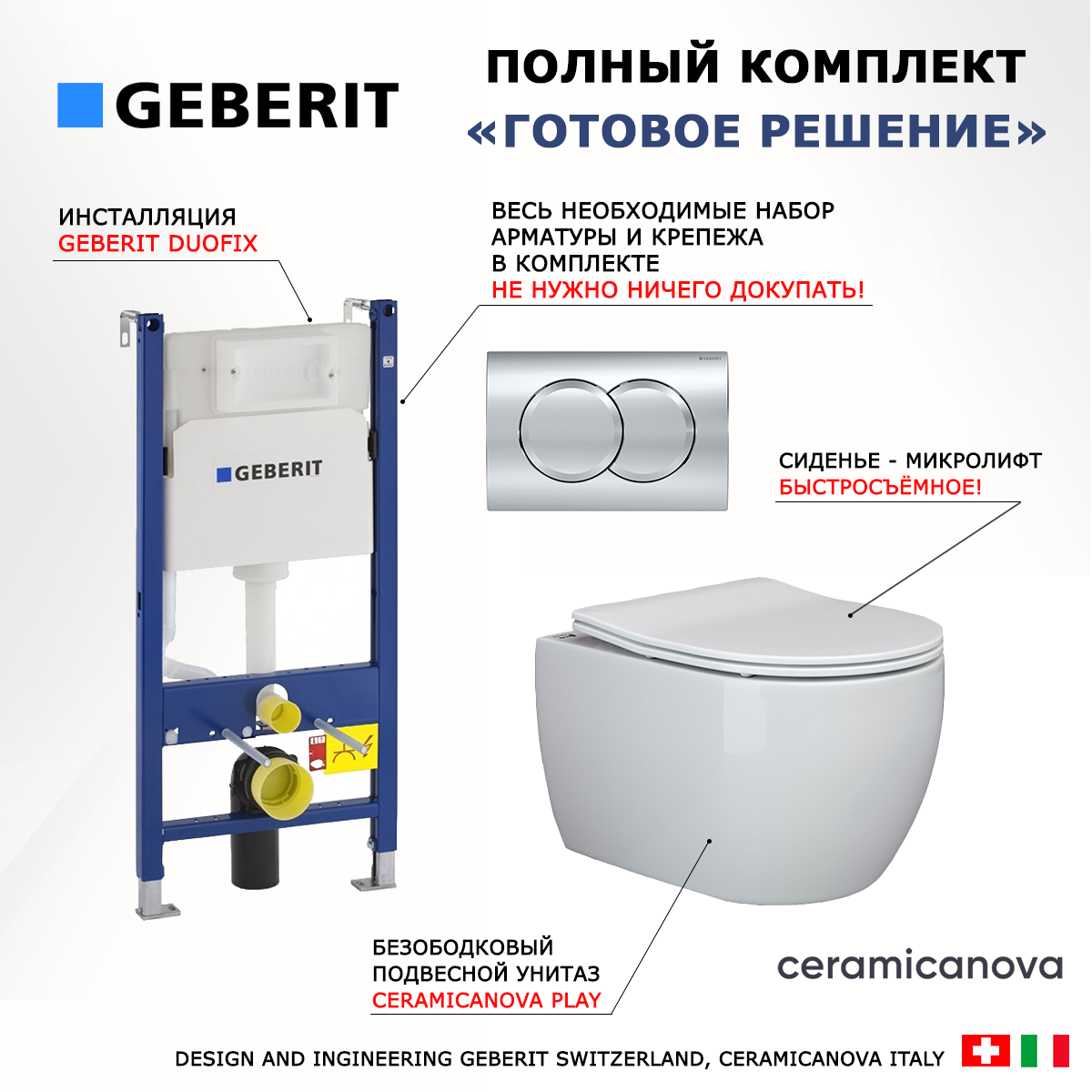 

Комплект инсталляция Geberit Duofix + Унитаз Ceramica Nova Play + кнопка хром Delta01