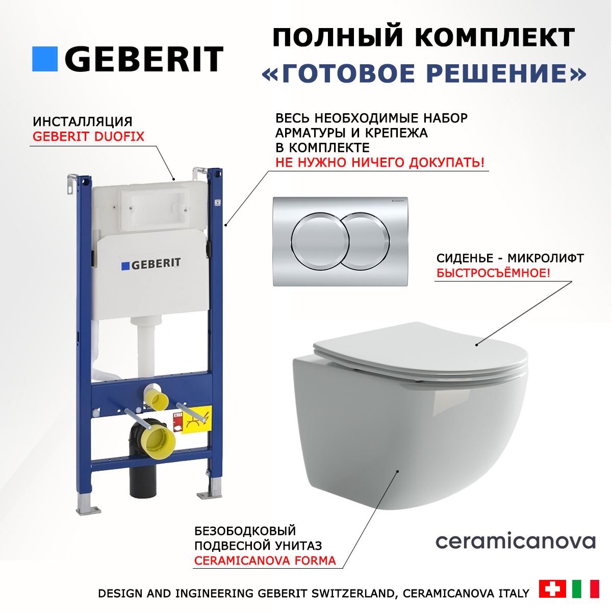 

Комплект инсталляция Geberit Duofix + Унитаз Ceramica Nova Forma + кнопка хром Delta01