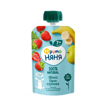 Пюре фруктовое ФрутоНяня Десерт из яблок, бананов и клубники с 7 мес. 90 г, 1 шт.
