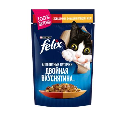 Влажный корм для кошек Felix Двойная вкуснятина, говядина, домашняя птица, 85г
