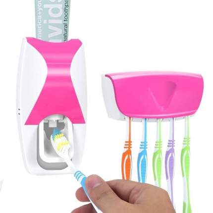 Автоматический дозатор зубной пасты + держатель для щёток (Розовый )