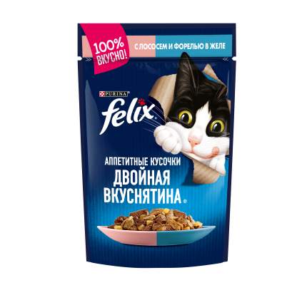 Влажный корм для кошек Felix Двойная вкуснятина, для взрослых, лосось, форель, 85г