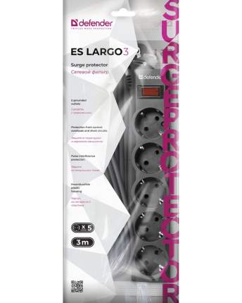 Сетевой фильтр Defender ES largo, 5 розеток, 3 м, Black