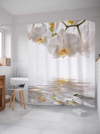 Штора для ванной JoyArty "Орхидея ожидает" из сатена, 180х200 см с крючками