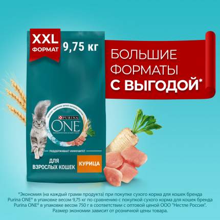 Сухой корм для кошек Purina ONE для взрослых с курицей и цельными злаками, 9,75 кг