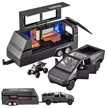 Точная копия модели Tesla Cybertruck с жилым прицепом на несколько человек и квадроциклом. Материал кузова автомобиля  ...