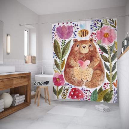 Штора для ванной JoyArty «Добрый медведь в цветах» 180x200