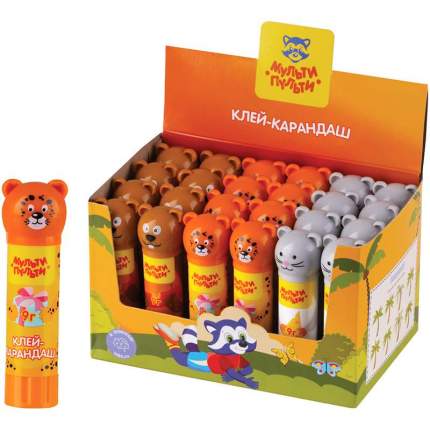 (24 шт.) - Клей-карандаш Мульти-Пульти "Зверята: Бобер, Леопард, Мышь", 09г, колпачок в форме животного, ПВП (арт.  ...
