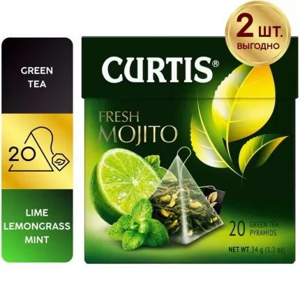 Чай зеленый Curtis Fresh Mojito, с добавками, 20 пирамидок, 2 упаковки