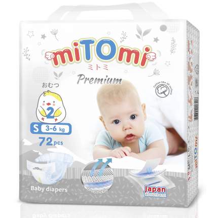 Подгузники на липучках miTOmi Premium, р. 2/S (3-6 кг), 72 шт. в упаковке MPNS726208