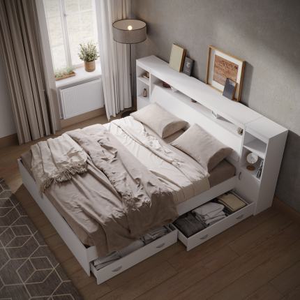Кровать RuHome24 Виктория 160х200 с ящиками белая с блоком и двумя тумбами