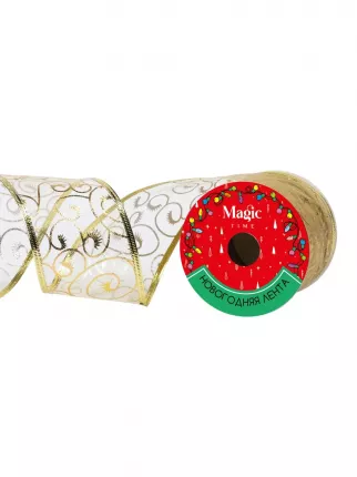 Лента новогодняя Феникс-Презент Золотые узоры, полиэстер, 2,7 м, 90813