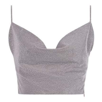 Топ из блестящей ткани серебряного оттенка. Вырез-качели подчеркивает грудь. Тонкие бретели с золотыми регуляторами для корректировки  ...