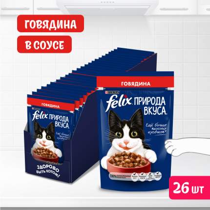 Корм влажный Felix Природа вкуса для взрослых кошек, с говядиной в соусе, 26х75 г