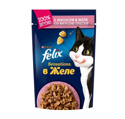 Влажный корм для кошек Felix Sensation, лосось, треска, 85г