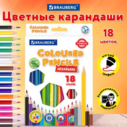 Карандаши цветные Brauberg Premium 181667 18 цв, пластиковые, шестигранные, грифель мягкий