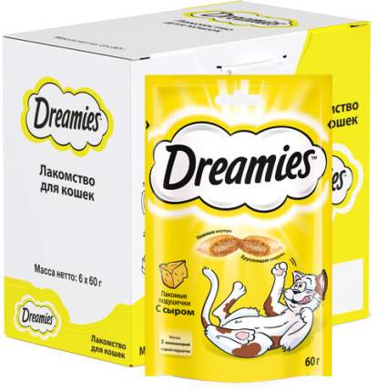 Лакомство для кошек Dreamies, Лакомые подушечки с сыром, 6 шт по 60г