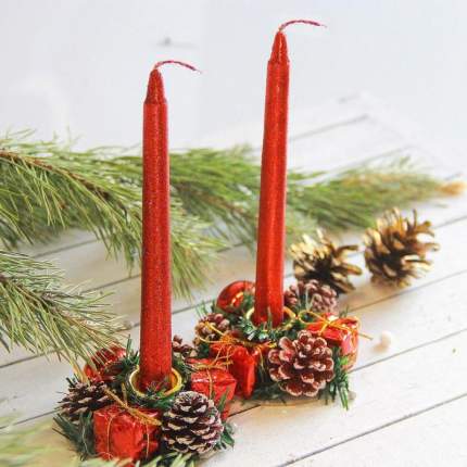 Свечи парафиновые новогодние с подставкой и украшением 8 шт