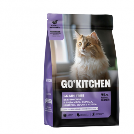 Сухой корм Go'kitchen курица индейка, лосось и утка беззерновой д/котят и кошек 400г
