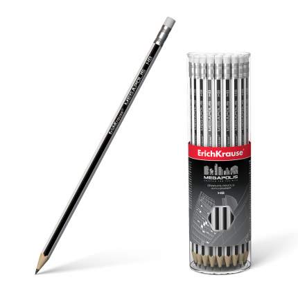 Чернографитный шестигранный карандаш с ластиком ErichKrause® MEGAPOLIS HB тубус 42