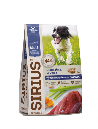 Сухой корм для собак средних пород SIRIUS Adult, индейка и утка с овощами, 12кг